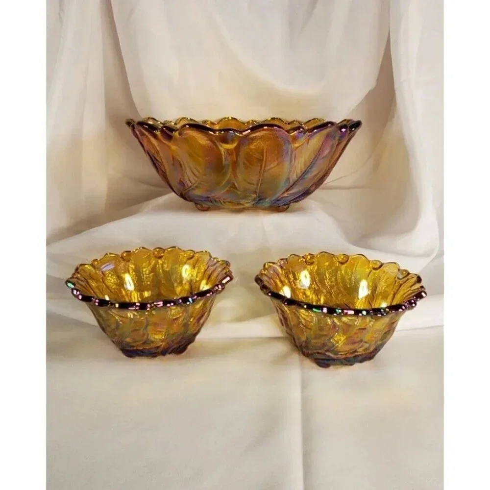 Vtg Indiana Glass Iridescent Gold Carnival Glass #1211 3pc Console Set Footed - Picture 3 of 13